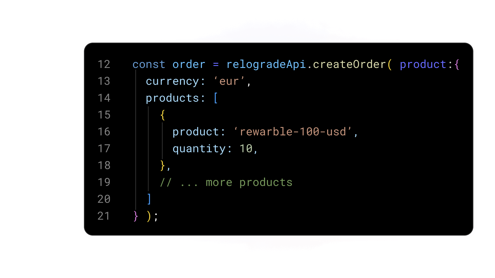 Code snippet showing the creation of an order using the 'relogradeApi.createOrder' function with product details, including currency and quantity of products